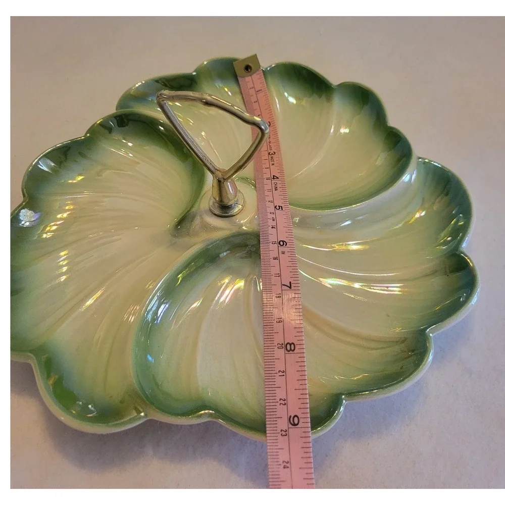 Vintage Green Leaf Divided Relish Dish w Handle MCM Candy Snack Tray‎